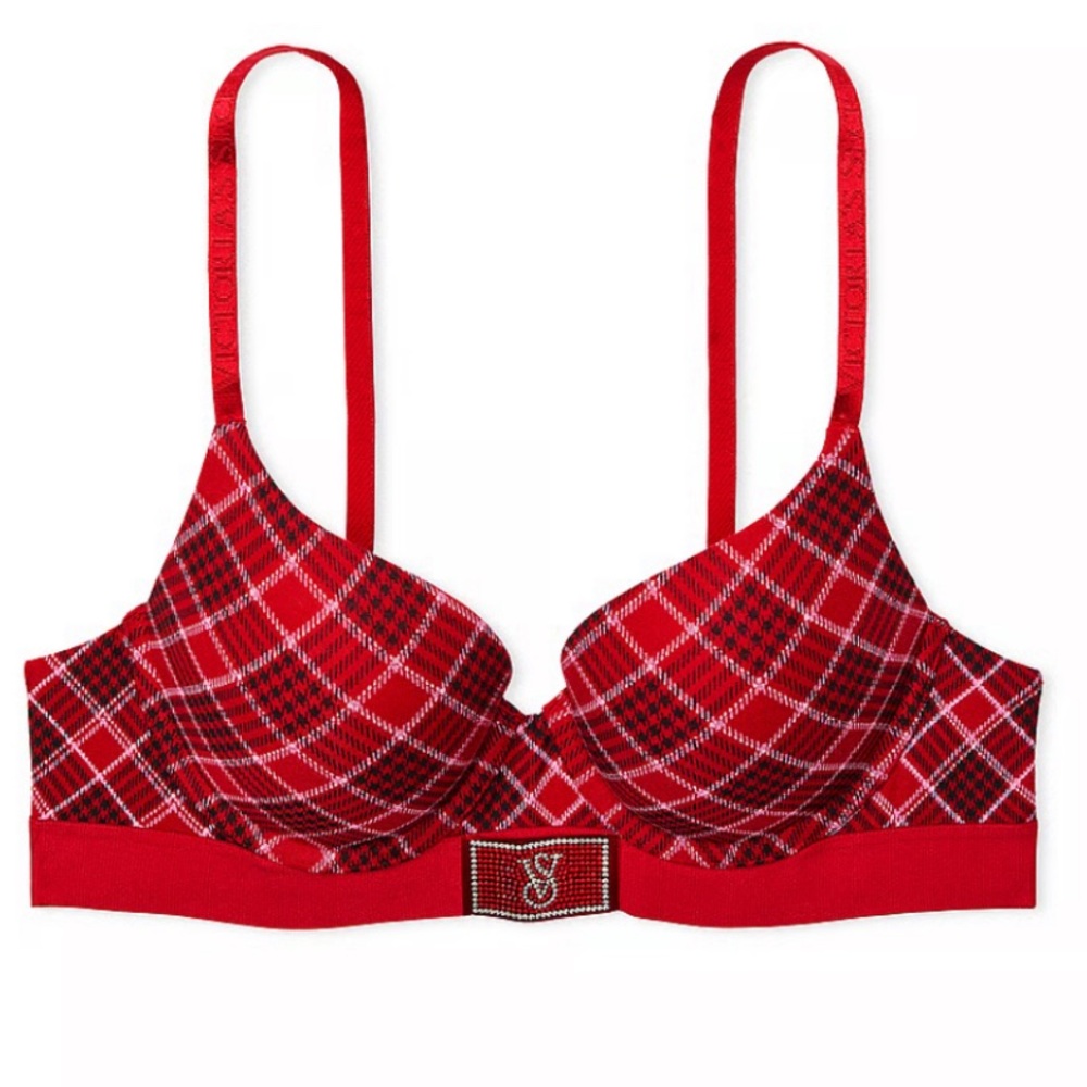 NWT Victoria's Secret Red bling plaid Checkered Bra size 34DD